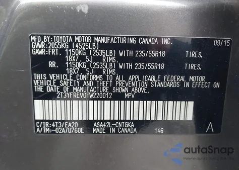 2015 Toyota Rav4 Limited z USA, uszkodzony, nr VIN 2T3YFREV0FW220012